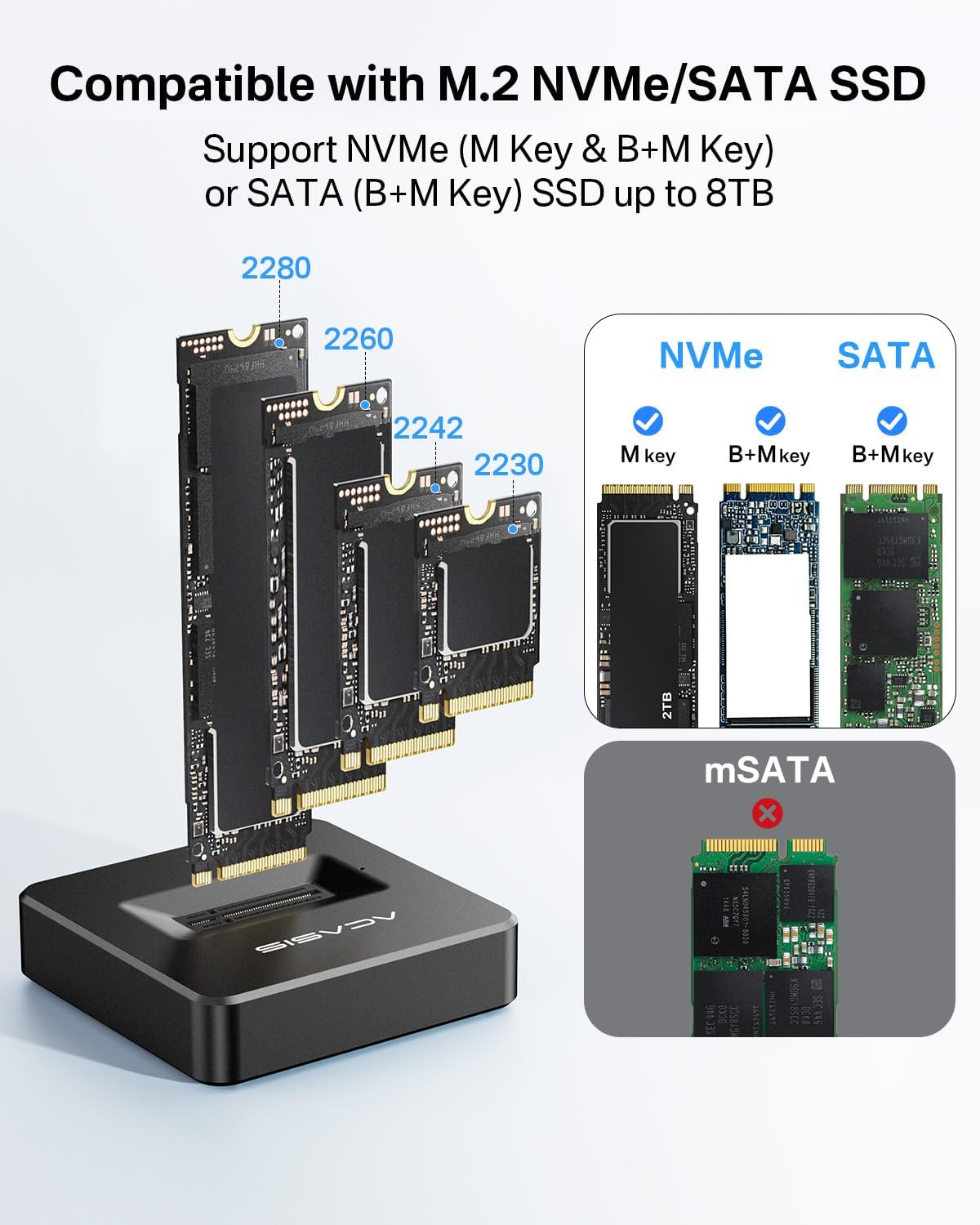 ACASIS NVME SSD Reader Adapter, Aluminium Alloy Housing Fast Heat Dissipation, NVME to USB Docking Station, M.2 SSD to USB Adapter 10Gbps, Support M.2 (M Key) NVMe SSD and (B+M Key) SATA-Based SSD