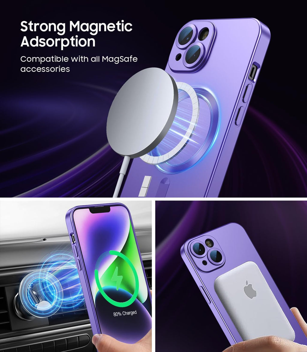 Magnetic for iPhone 15 Case [Compatible with MagSafe][Built-in Camera Lens Protector] Slim Soft Silicone Bumper Shockproof Metallic Shine Phone Case (Purple)