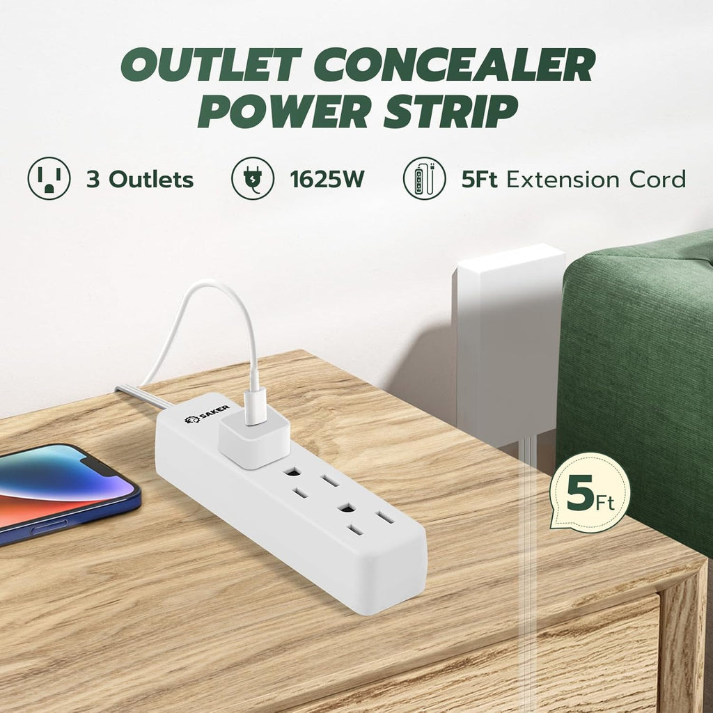 Saker Outlet Concealer Power Strip | 5ft Flat Plug Extension Cord with 3 Outlets,1625W | Universal Size Baby Proof Outlet Cover Extension Cord for Kitchen, Home and Office