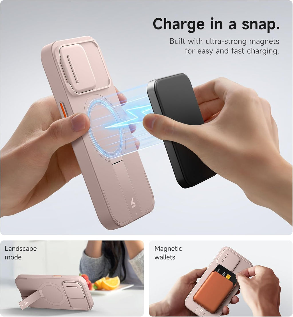 SURITCH for iPhone 13 Pro Case with Magnetic Camera Slide Cover and Adjustable Kickstand, Compatible with MagSafe, Shockproof Bumper Case Slim Protective Cover for iPhone 13 Pro 6.1 Inch, Pink