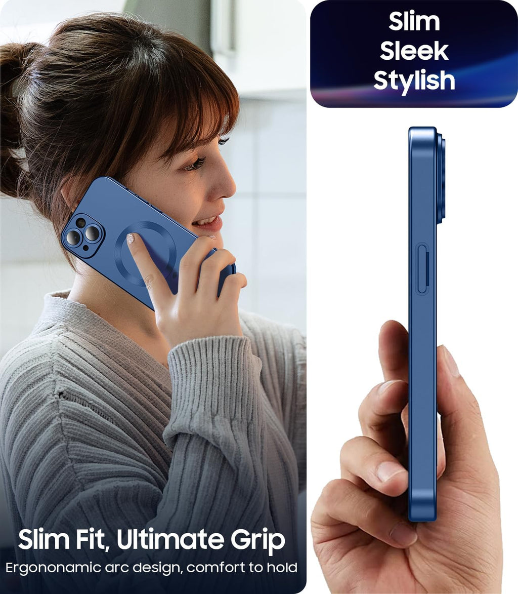 Magnetic for iPhone 14 Case [Compatible with MagSafe][Built-in Camera Lens Protector] Slim Soft Silicone Bumper Shockproof Metallic Luster Phone Case (Blue)