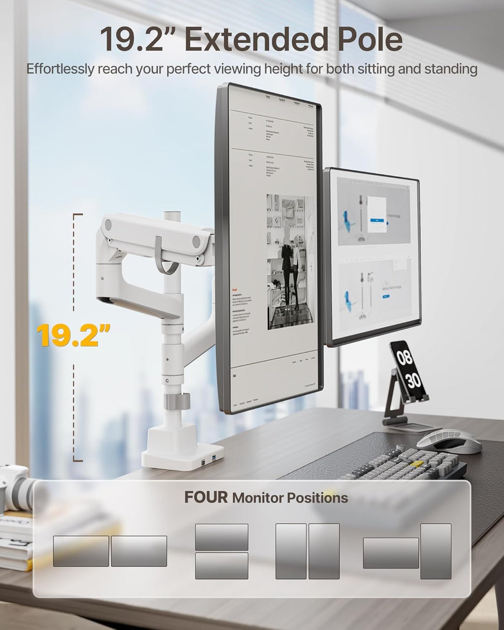 monTEK 17-57 Inch Dual Ultrawide Monitor Arm for Up to 59.4lbs Screen, Aluminum Heavy-Duty Gas Spring Vertical Stackable Curved Screen Adjustable Monitor Stand,75/100mm Vesa Mount, White