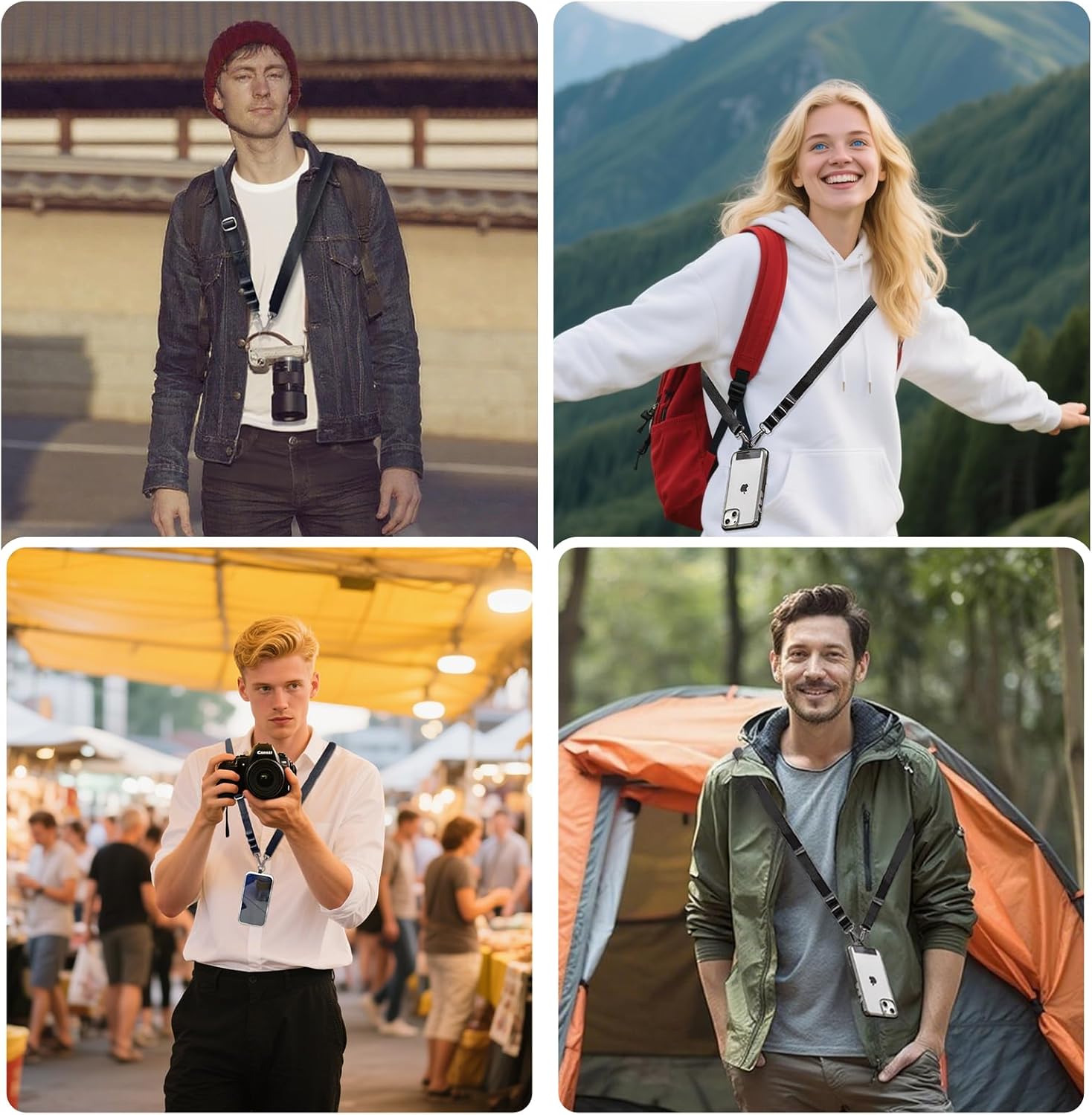 Universal Adjustable Nylon Phone Lanyard - 20MM Multi-Color Options for iPhone Samsung Smartphones (Fits Most Cases) Black