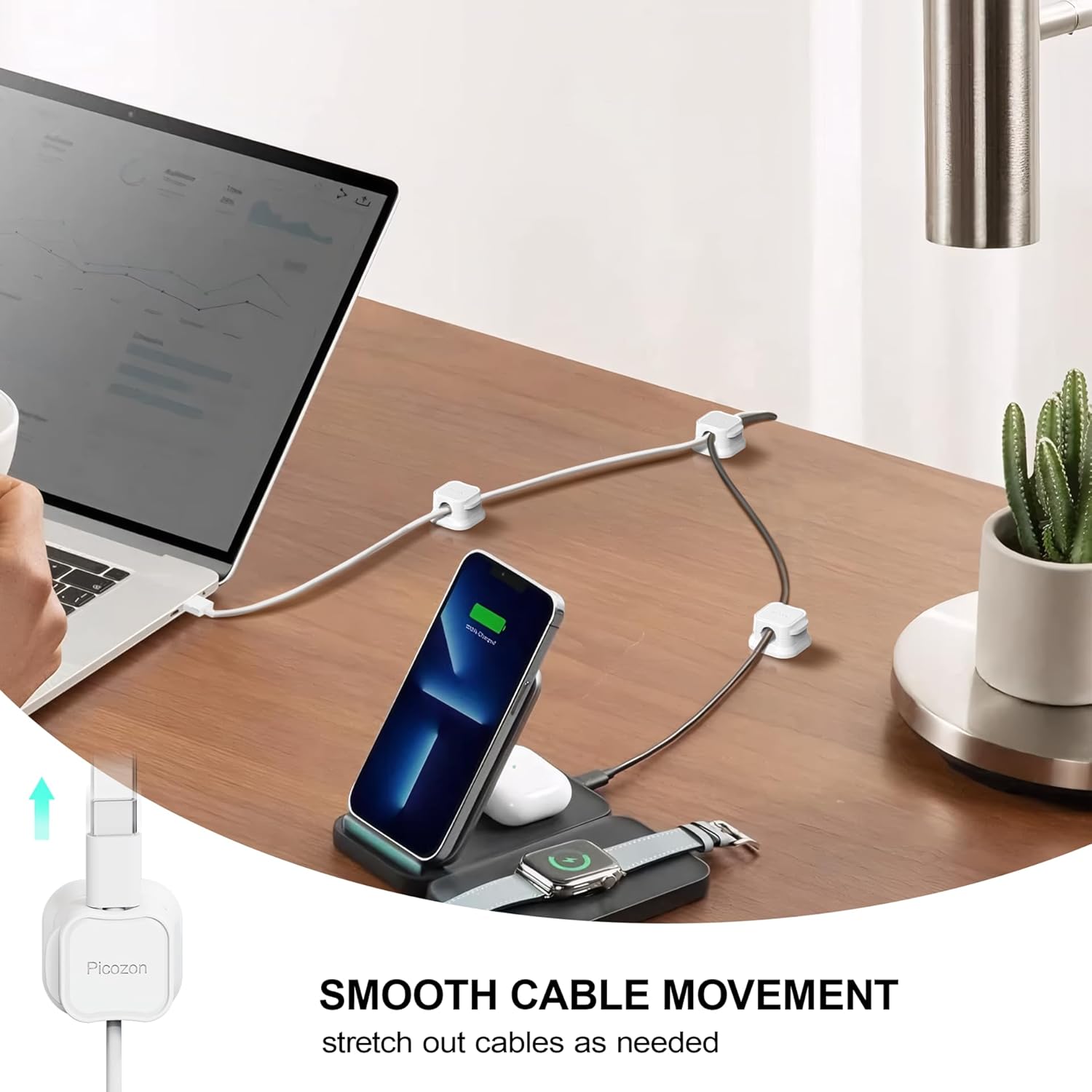 6 Pack Magnetic Cable Clip Organizer Cord Holder, Picozon Adhesive Cable Management, Wire Phone USB Charger Cable Holder, Keeper Organizer for Office Home Desktop Table - White