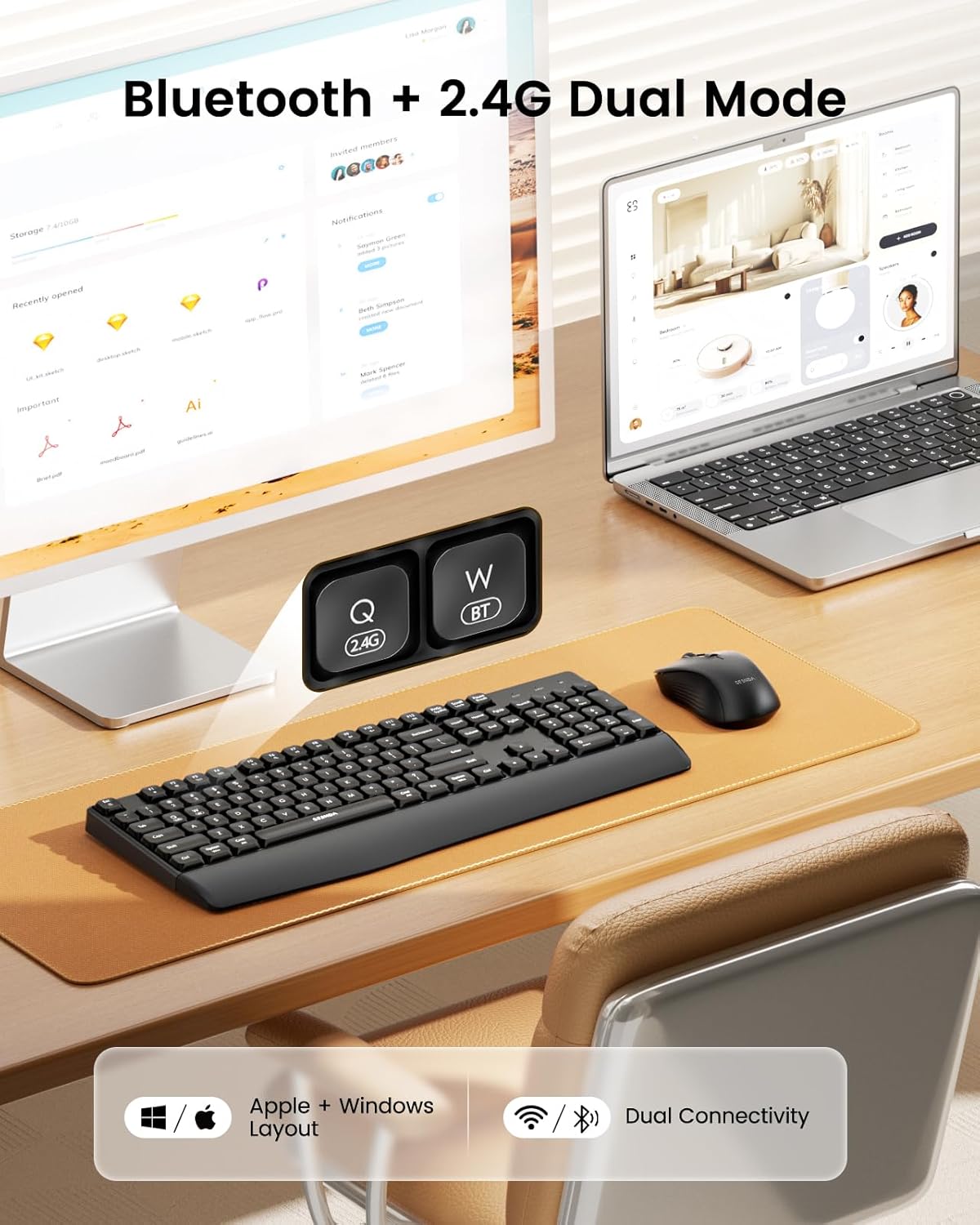 seenda Bluetooth Keyboard and Mouse, COE200 USB + Bluetooth Multi Device, Ergonomic Keyboard Mouse Set, Full-Size Wireless Combo Compatible for Mac OS/Windows PCs Computers Laptops MacBooks - Black