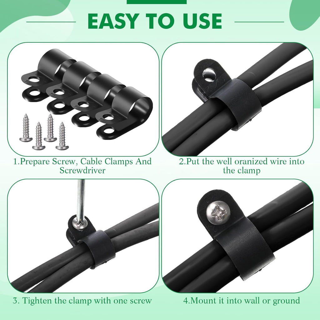 Hicarer 50 Pack R-Type Cable Clip Wire Clamp, Nylon Screw Mounting Cord Fastener Clips with 50 Pack Screws for Wire Management (Black, 1/2 Inch)