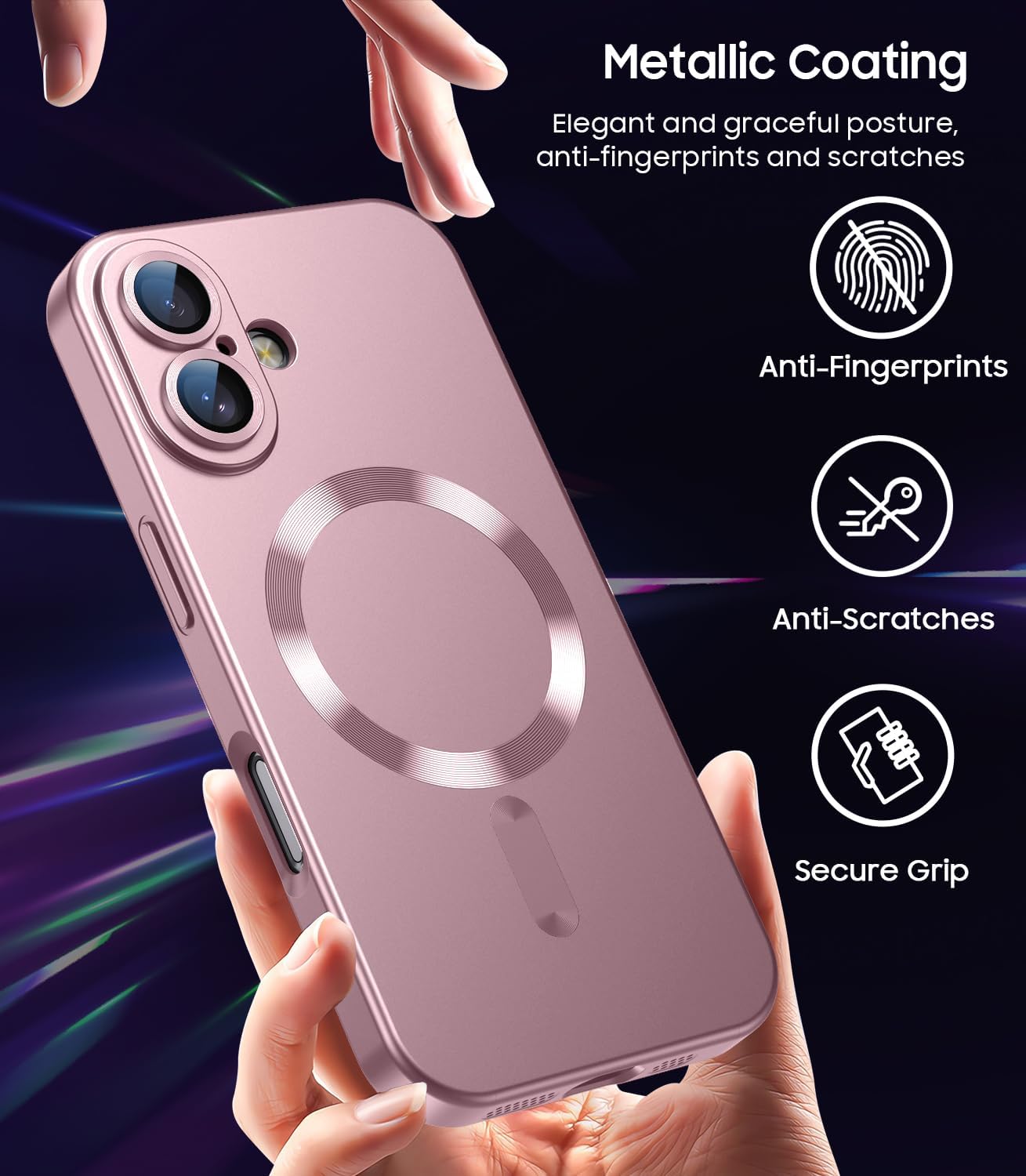 Magnetic for iPhone 16 Case [Compatible with MagSafe][Built-in Camera Lens Protector] Slim Soft Silicone Bumper Shockproof Metallic Luster Phone Case (Rose Gold)
