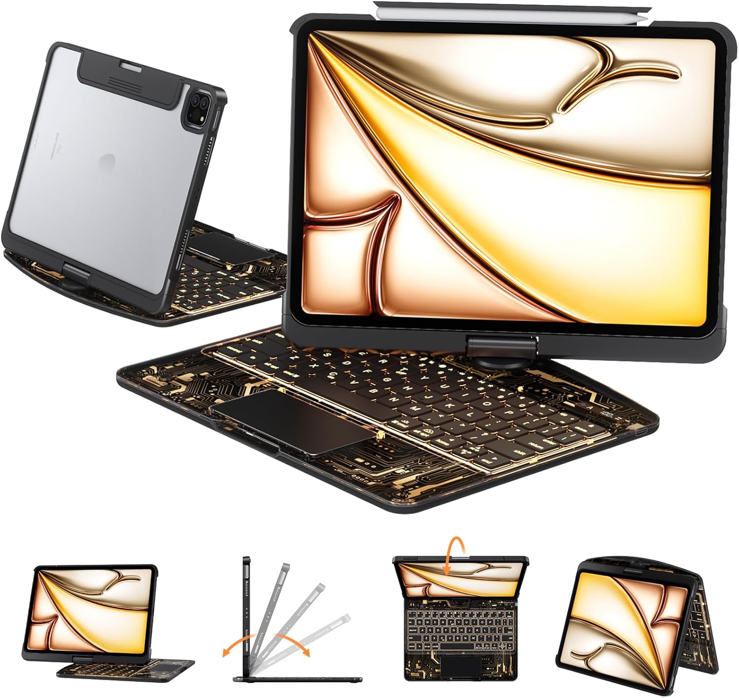 Transparent Case with Keyboard for iPad Air 13 Inch (M3/M2, 2025/2024), iPad Pro 12.9 Inch (6/5/4/3 Gen),7-Color Backlit,Magic Wireless Keyboard, 360°Rotating,with trackpad,Pencil Holder,Black