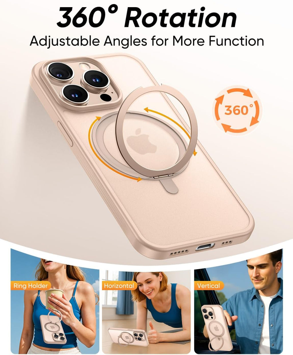 MAGIC JOHN 360° Rotatable Magnetic Invisible Stand for iPhone 15 Pro Max Case [Anti-Slip Grip] [Compatible with MagSafe] 16FT Shockproof for iPhone 15 Pro Max Case with Kickstand, Rose Gold