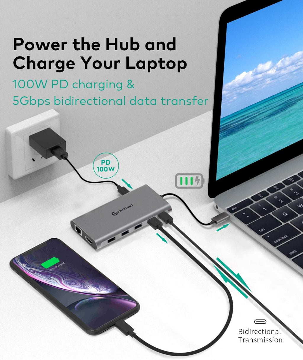 Docking Station, USB C Hub UtechSmart 12 in 1 USB C Dock Triple Display with 2 * 4K@60Hz HDMI, Displayport, 100W PD, 4 USB Ports, RJ45 Ethernet, SD/TF for MacBook, Dell, HP, Lenovo, Huawei
