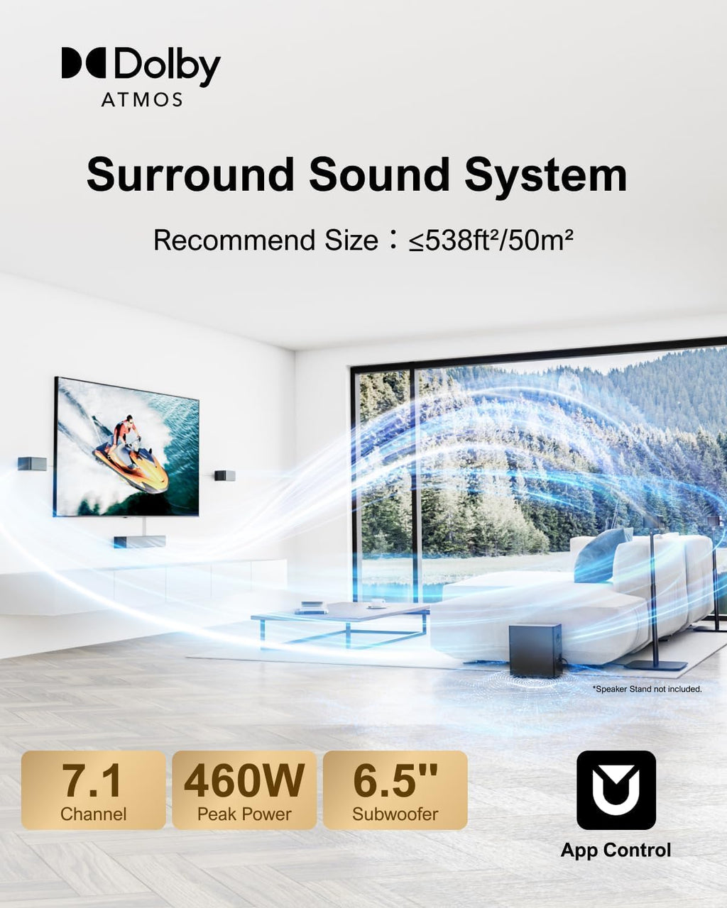 ULTIMEA 7.1 Surround Sound System for TV with Dolby Atmos, 460W Sound Bar for TV with 6.5" Subwoofer, APP Control, 4 Wired Surround Speakers, Home Theater Sound System, Poseidon D80 (2025 Upgrade)