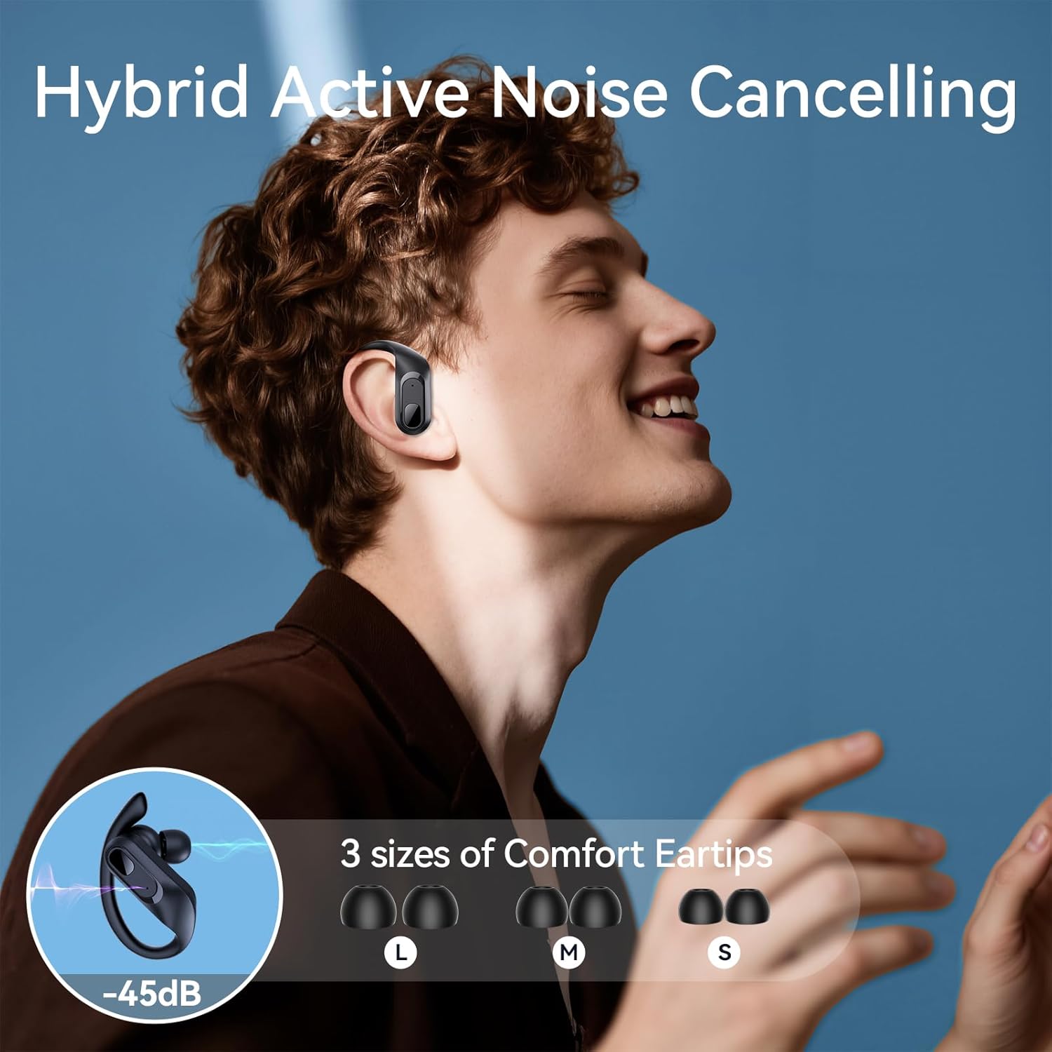 occiam Hybrid Active Noise Cancelling Ear Buds Wireless Earbuds Bluetooth Headphones 96Hrs Playback LED Display Over-Ear Waterproof Earphones with Earhooks Mics Clear Call for Sport/Running/Workout
