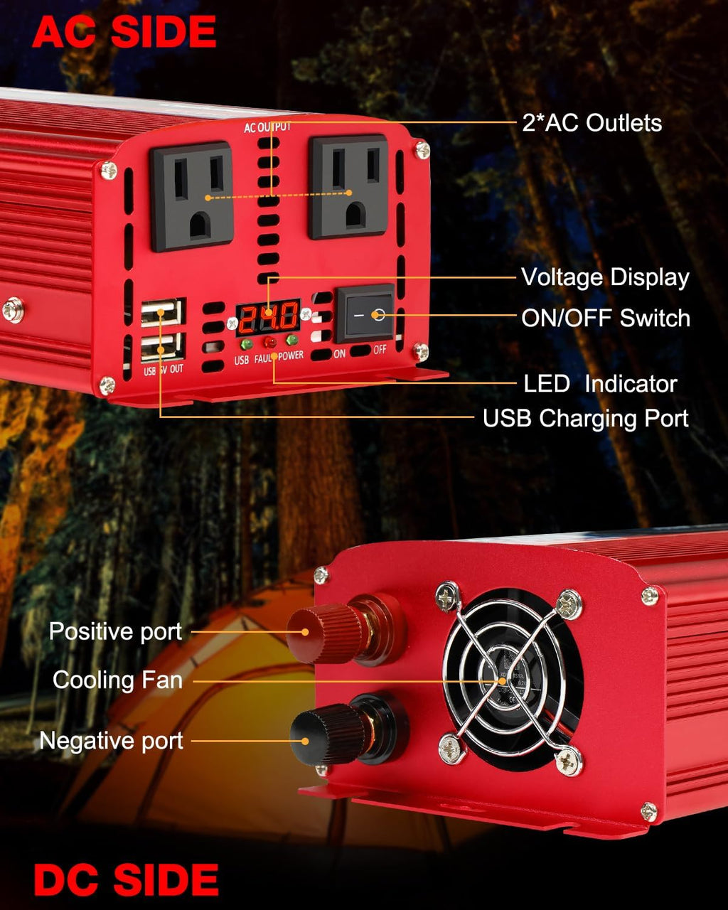 LVYUAN 1500W Car Power Inverter 24V to 110V DC to AC with 2 US Sockets, Cigarette Lighter, LED Display, USB Ports for Car, Home,Truck, Outdoor, Camping