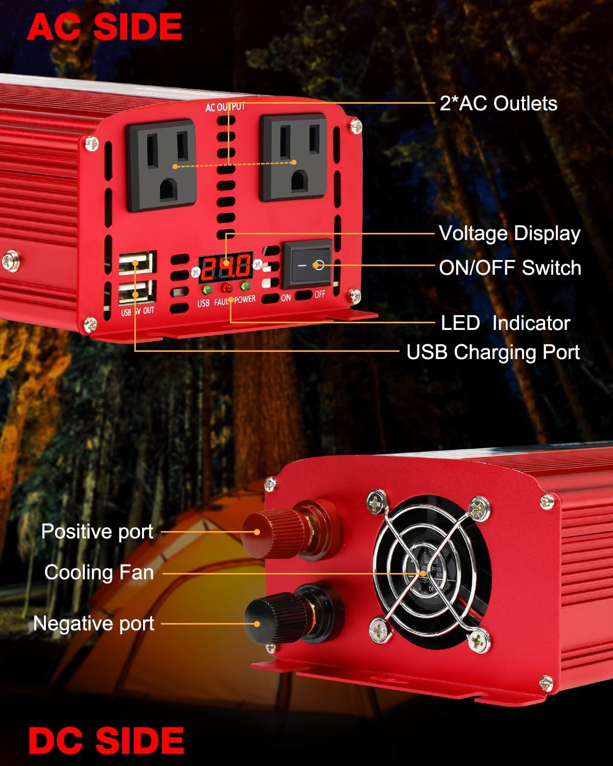 LVYUAN 1500W Car Power Inverter 24V to 110V DC to AC with 2 US Sockets, Cigarette Lighter, LED Display, USB Ports for Car, Home,Truck, Outdoor, Camping