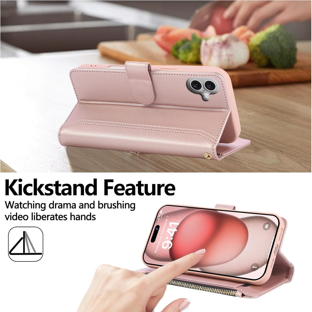 Compatible with iPhone 16 Wallet Phone Case-PU Leather Magnetic Flip Cover with Credit Card Slots,Zipper Pocket & Detachable Wrist Strap,Shockproof Design,for Women and Men-Pink