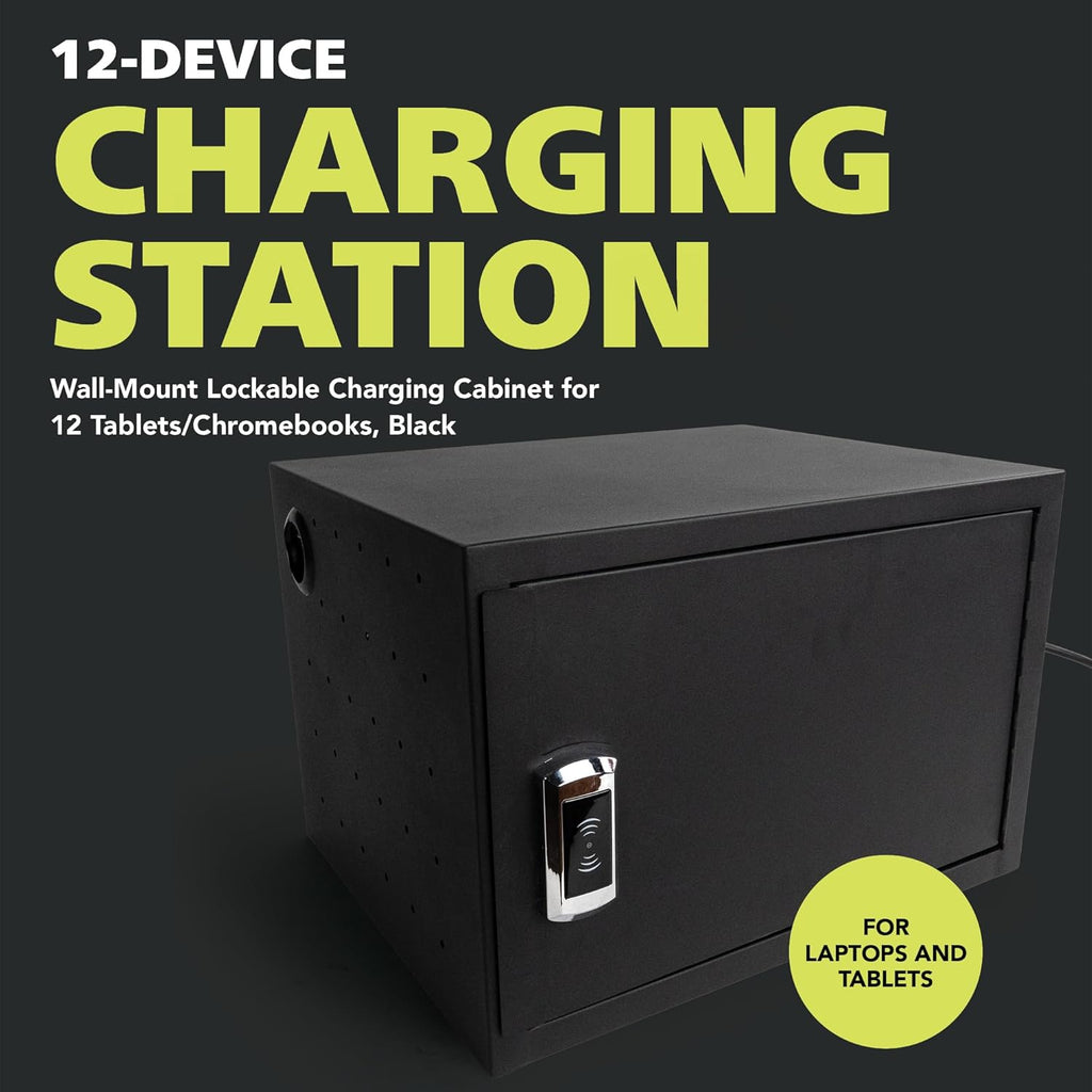 Pearington 12-Device Charging Station for Laptops and Tablets, Wall-Mount Lockable Charging Cabinet for 12 Tablets/Chromebooks, Black