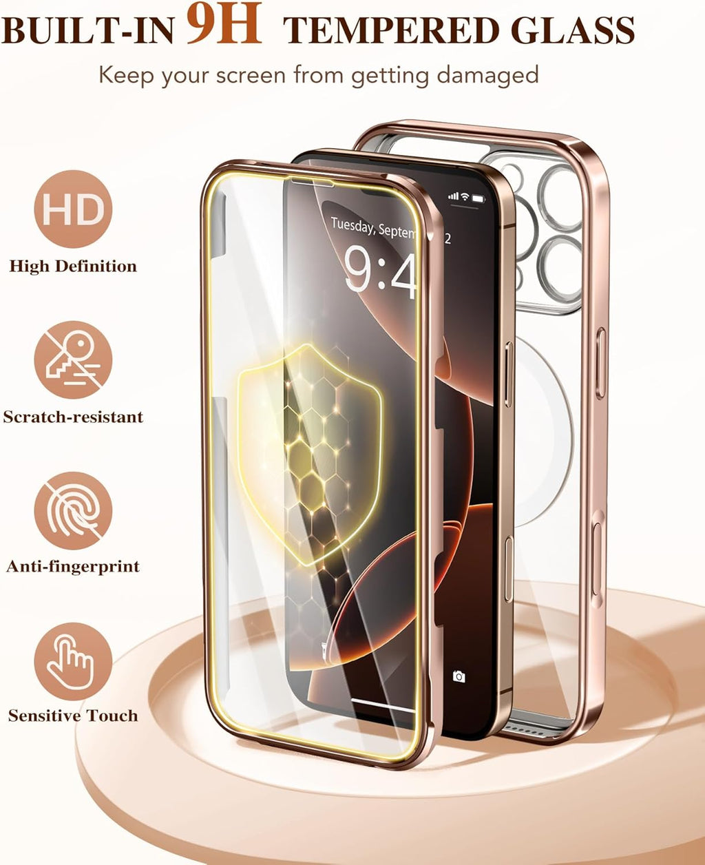 BERFY Magnetic for iPhone 16 Pro Max Case, Compatible with MagSafe, [Built-in 9H Tempered Screen Protector & Upgraded Camera Protection] Full Body Plating Phone Case for 16 Pro Max, Desert Gold