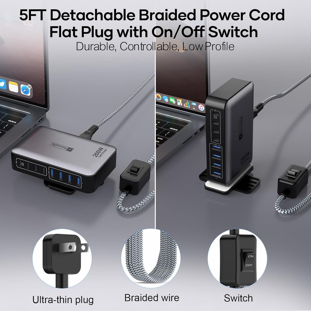 USB C Fast Charger Block 200W, 8 Ports Charging Station for iPhone/Ipad/MacBook, 4C4A GaN Charger Box, Flat Plug Multi Chargers for All Devices 5ft Braided Power Cord with On/Off Switch