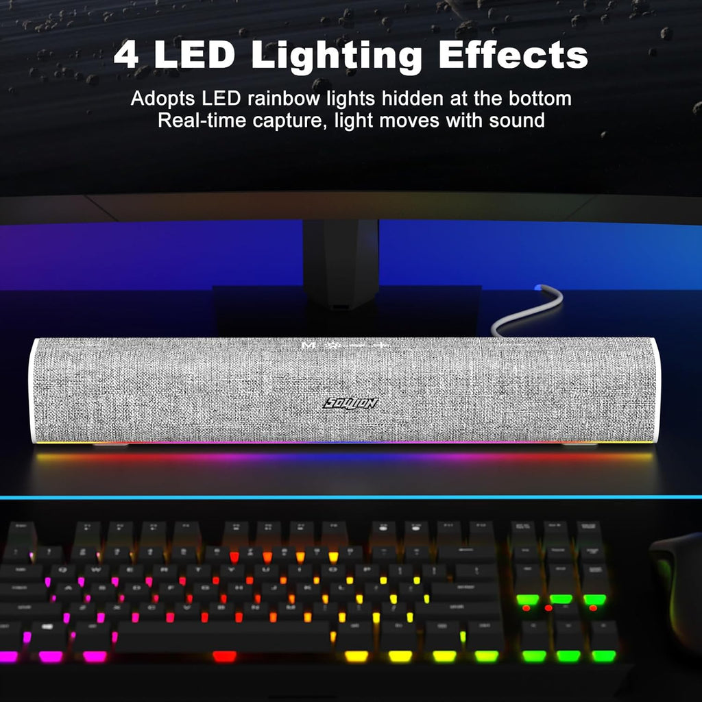 SOULION R100 Bluetooth Computer Speakers with Dynamic LED Light, USB Plug & Play PC Speakers with Switch Button, Clearly Sound Soundbar for Desktop Laptop Monitor White (USB-C to USB Adapter Included)