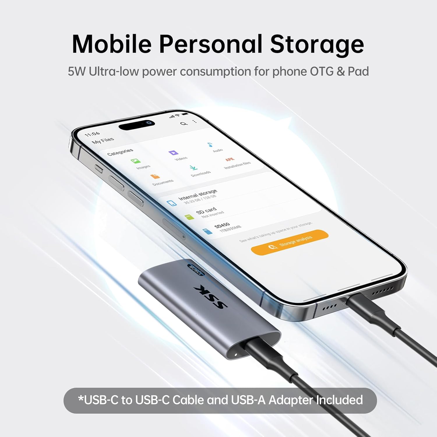 SSK 128GB SSD External Hard Drive, Portable SSD Up to 550MB/s Fast Solid State Drives, External Drive USB 3.2 Gen2 for iPhone 15/Pro, Windows, Mac, Android with LED Light, Trim, Smart Supported