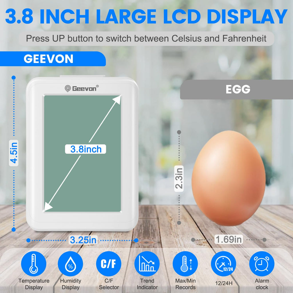 Geevon Digital Hygrometer Indoor Outdoor Thermometer Wireless with Clock, Backlight Temperature Gauge Humidity Monitor, Inside Outside Thermometer with 200ft/60m Range Remote Sensor,White