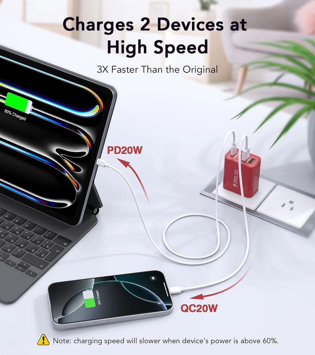 40W USB C Wall Charger, 2-Pack Super Fast Charging Block PD+QC 4 Port Charger Cube for iPhone 16,iPad Pro/Mini/Air, iPod Nano, iPod Touch, Switch, Smart Phone, Smartwatches and Tablet(Red)