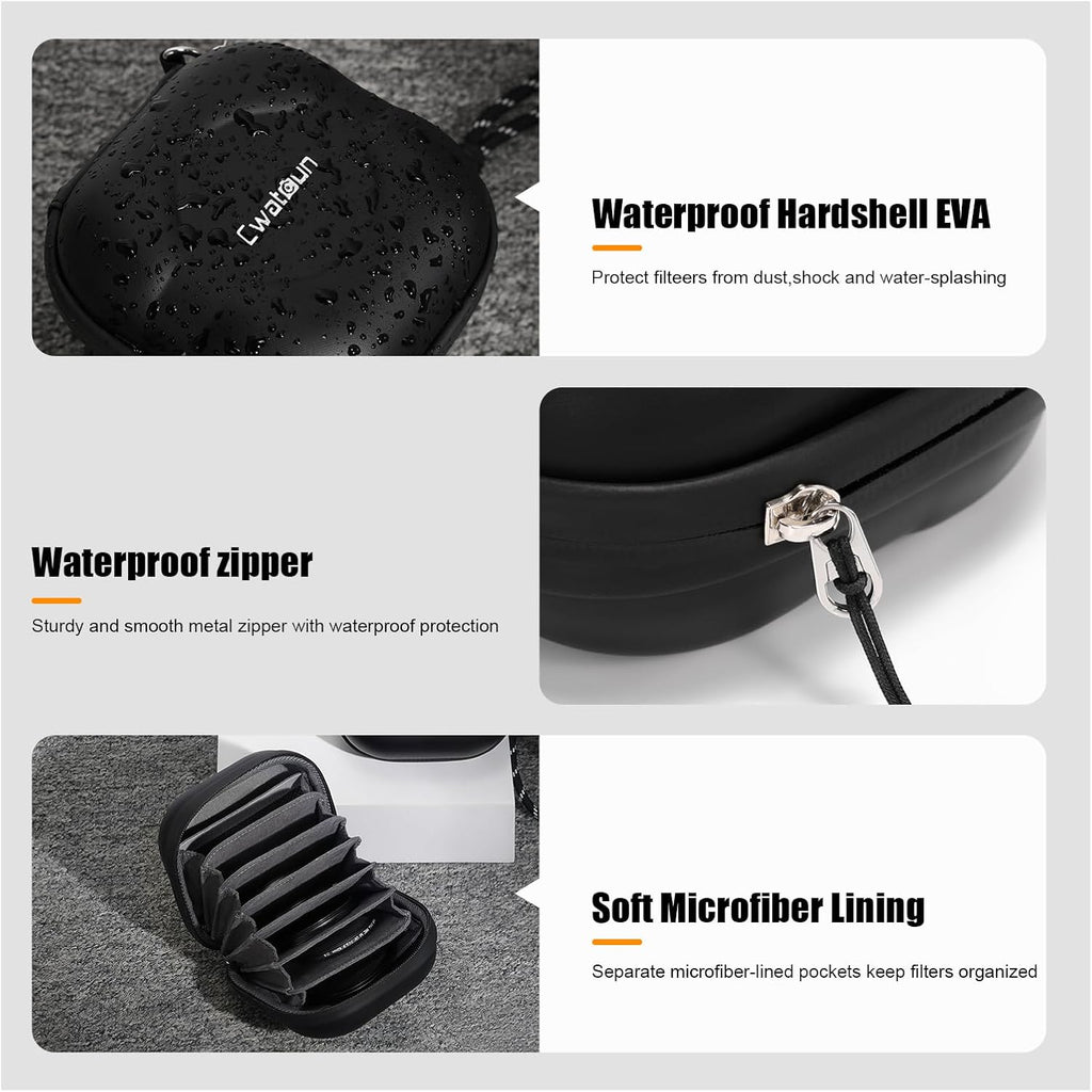 Cwatcun Hard Shell Lens Filter Case, Camera Filter Case for 7 Filters Up to 100mm with Hand Strap, Dustproof & Waterproof Camera Lens Filter Storage Case for ND UV CPL Filter Pouch