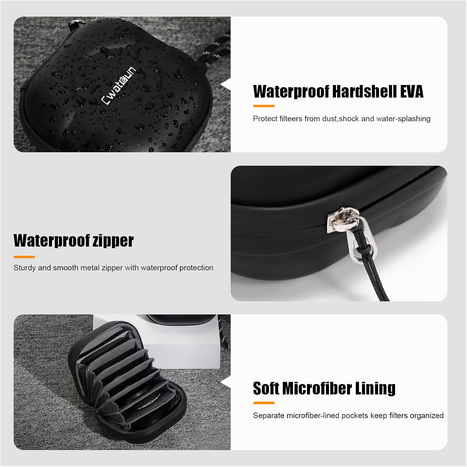 Cwatcun Hard Shell Lens Filter Case, Camera Filter Case for 7 Filters Up to 100mm with Hand Strap, Dustproof & Waterproof Camera Lens Filter Storage Case for ND UV CPL Filter Pouch