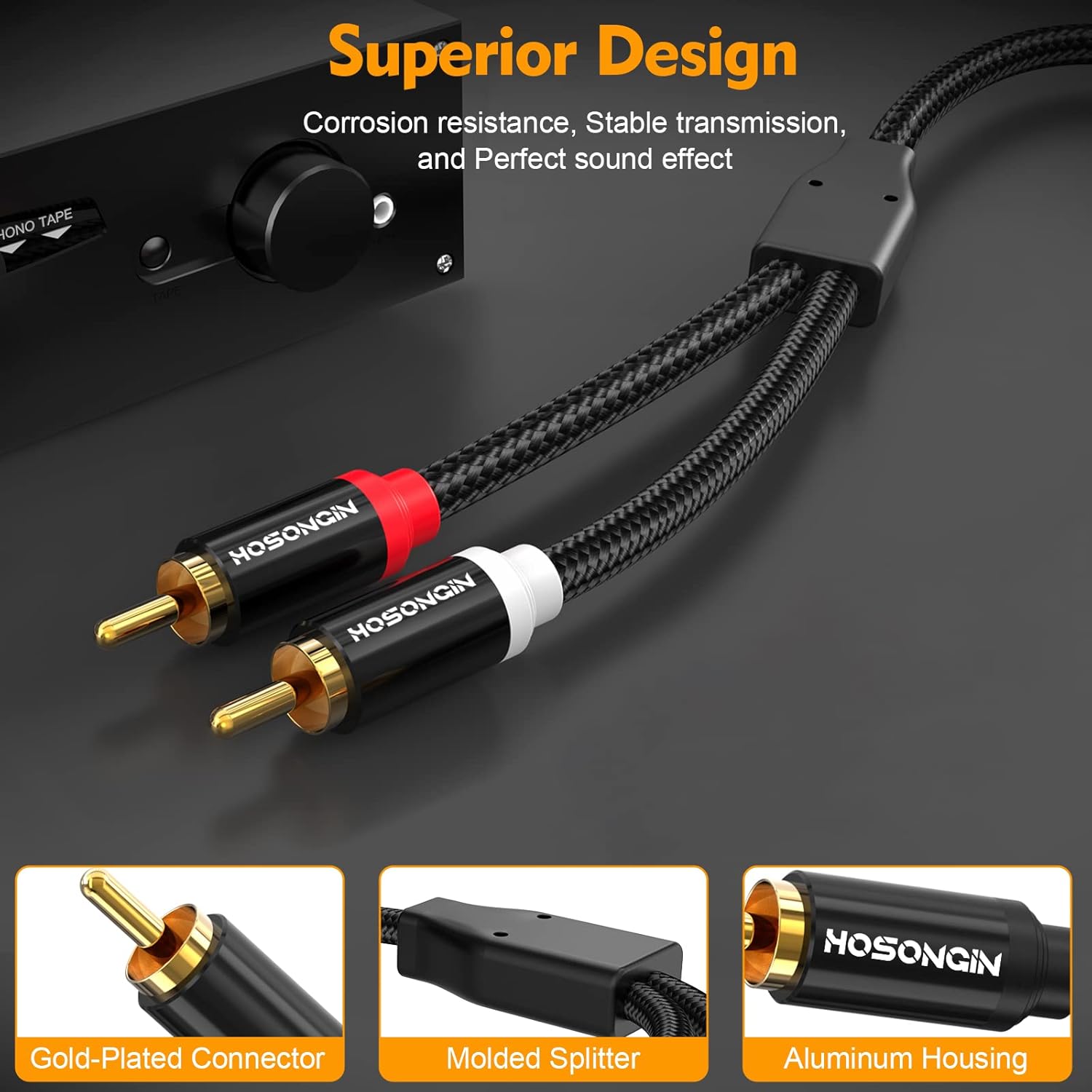 HOSONGIN RCA Cables 20ft 2 Pack[Hi-Fi Sound, Nylon Braided, Shielded], 2-Male to 2-Male RCA Audio Stereo Subwoofer Cable Auxiliary Cord for Home Theater, HDTV, Amplifiers, Hi-Fi Systems, Speakers