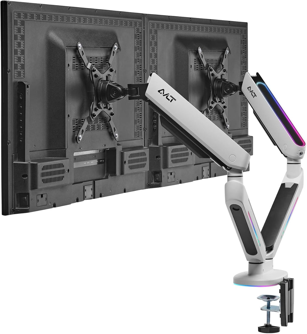 AVLT Dual 27”-43” RGB Gaming Monitor Arm Desk Mount Built-in 20 Lighting Modes Touch Button Control Fits Flat/Curved/Ultrawide Screen Height Swivel Tilt Rotation Adjustable Stand -White