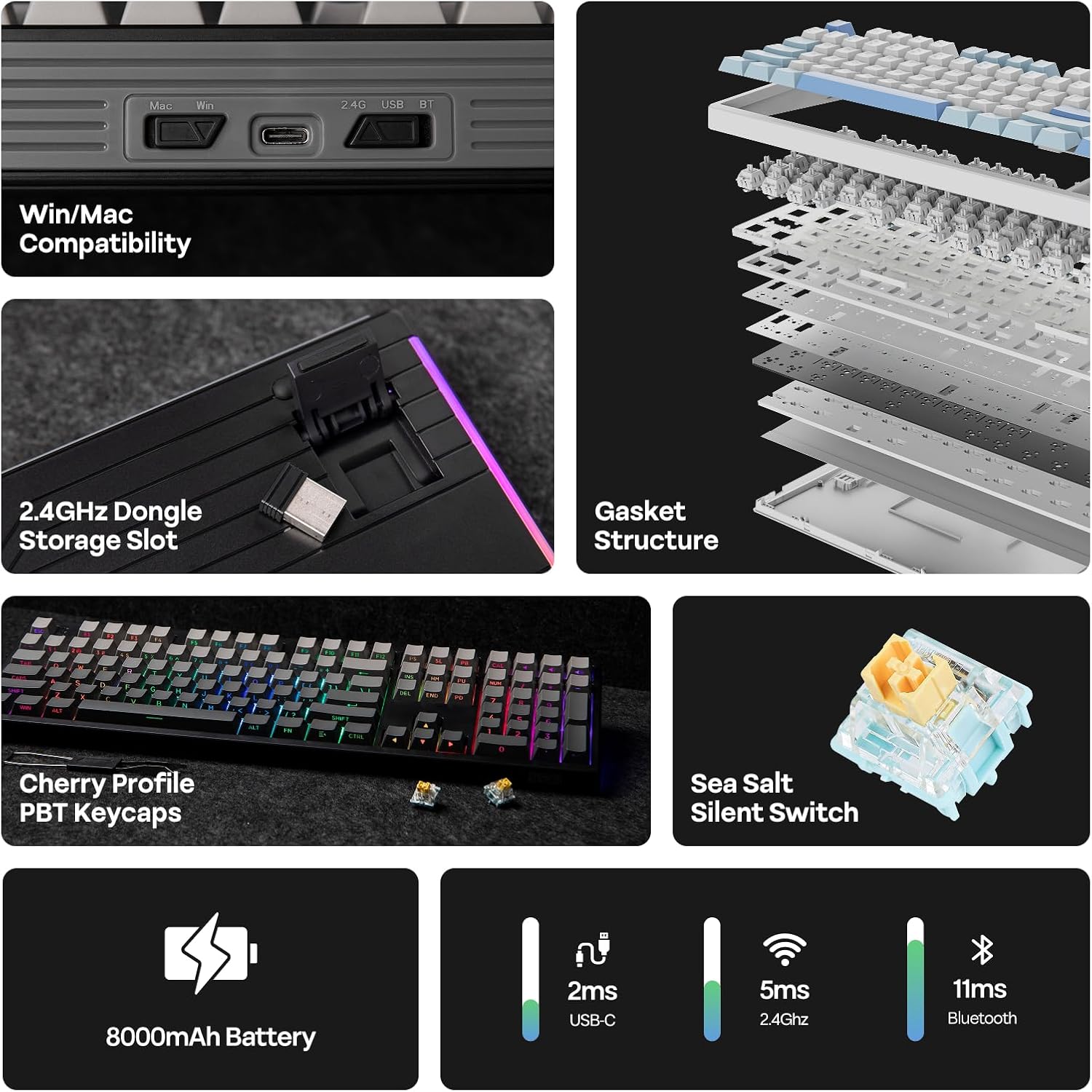 EPOMAKER TH108 Full Size Mechanical Keyboard, Wireless Gaming Keyboard with 8000mAh Battery, Creamy Gasket, 108 Keys, Hot Swap, Custom Driver, RGB Backlight (Black, Sea Salt Silent)