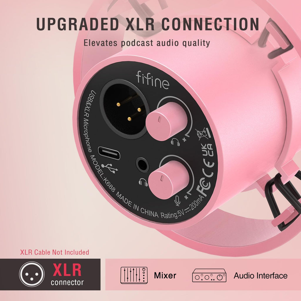 FIFINE XLR/USB Dynamic Microphone, Studio XLR Vocal Podcast Microphone for Recording, USB Streaming Mic with Mute Button, Gain Knob, Headphones Monitoring for Voice-Over, Video-Amplitank K688 Pink
