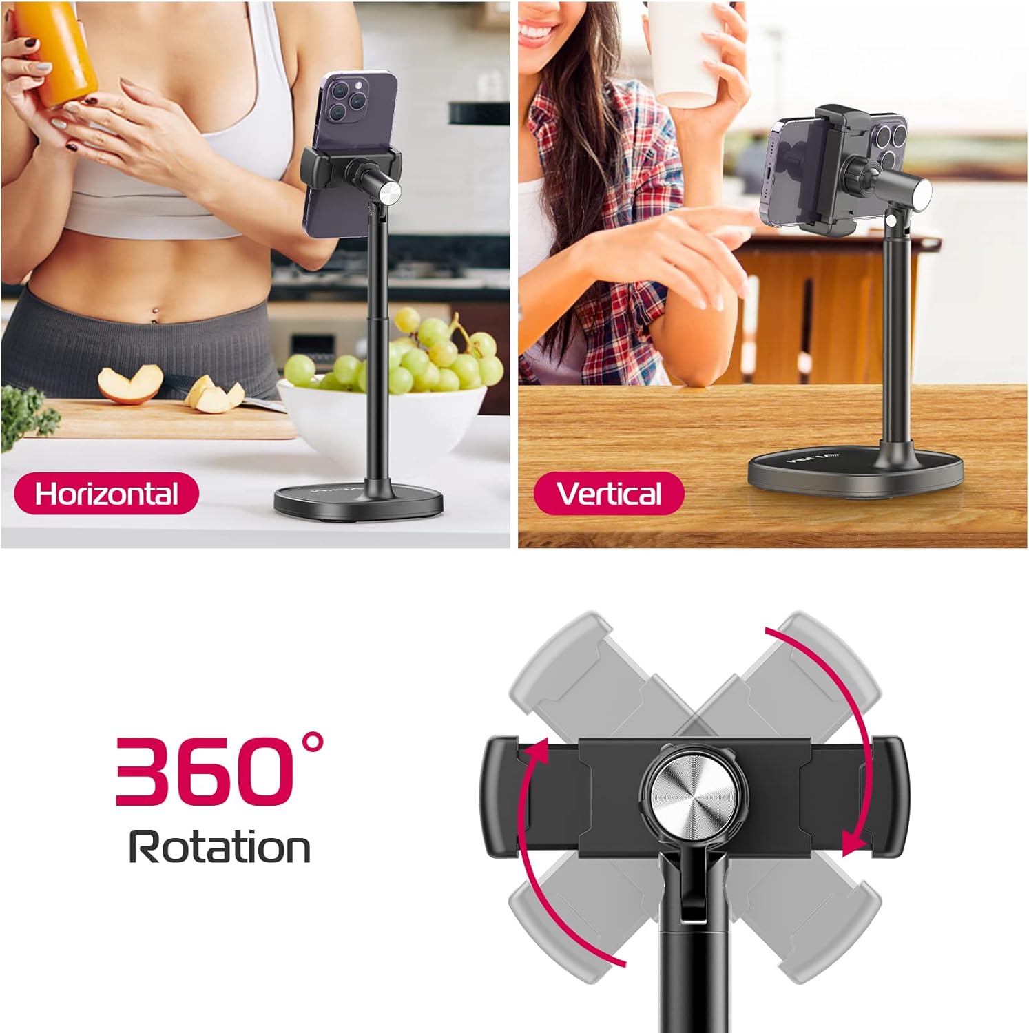 ULANZI Cell Phone Stand Mount for Desk, Vijim HP004 Adjustable Height & Angle Phone Holder, 360 Degree Rotating Desktop Phone Stand Compatible with iPhone, Samsung and All Phones