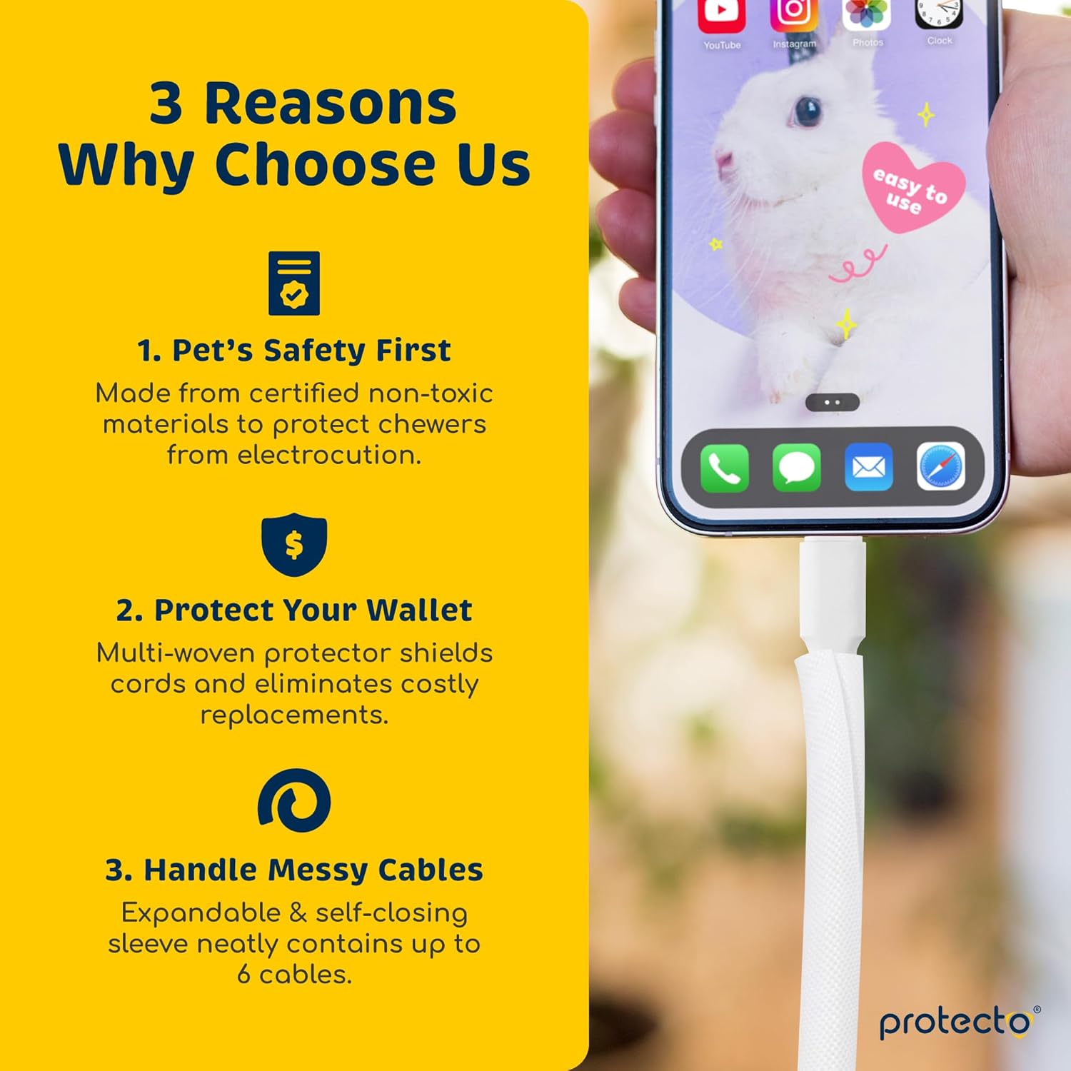 PROTECTO Heavy Duty Dog & Cat Cord Protector 10ft Easy-to-Use Critter Cord Cover for Pet Clear Odorless White Color Cord Protectors from Pets No Chew Solution Power Audio & Video Wire Protector Tubing
