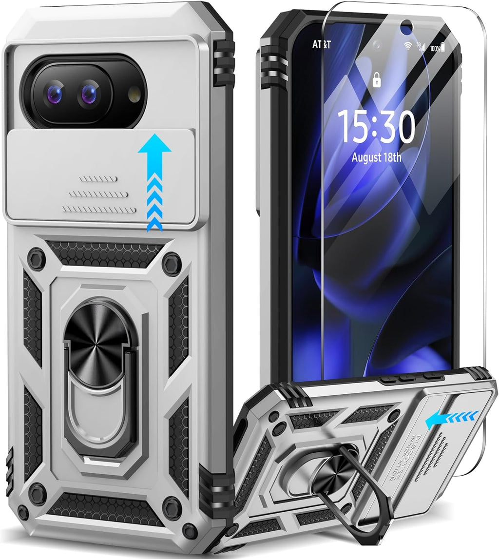 Taisairu for Google Pixel 9A Case with Screen Protector & Slide Camera Lens Cover, Built-in 360°Rotate Magnetic Ring Stand Shockproof Protective Phone Case for Google Pixel 9A Case (Silver)