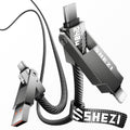 SHEZI Nylon Braided 4 in 1 USB C Cable 240W 3FT Compatible with Lightning Cable, Fast Charging for iPhone/iPad Charger Cord [480Mbps Data Sync],Multi Charging Cable with Type C/USB A, Grey