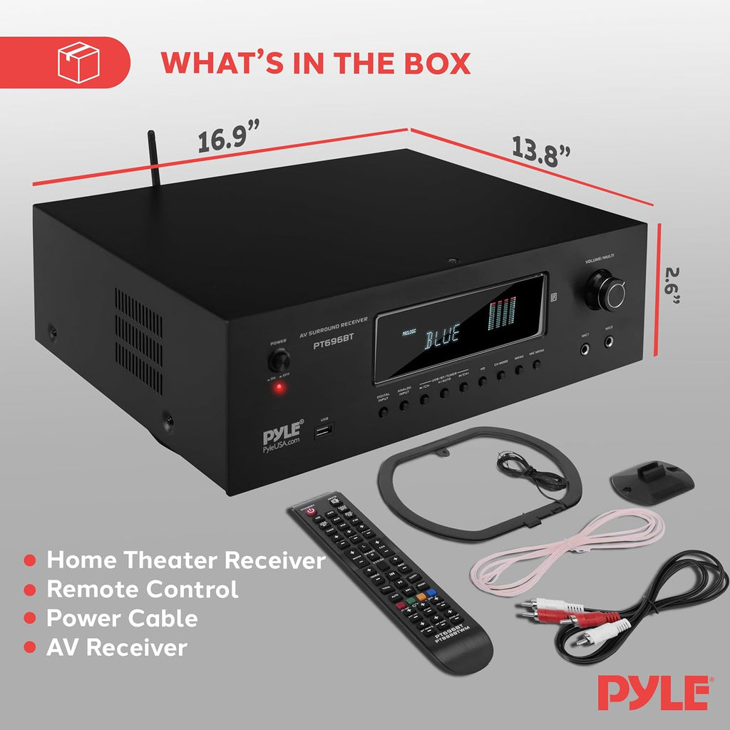 Pyle 1000W Bluetooth Home Theater Receiver - 5.2 Channel Surround Sound Stereo Amplifier System with 4K Ultra HD, 3D Video & Blu-Ray Video Pass-Through Supports, HDMI/MP3/USB/AM/FM Radio - Pyle, Black