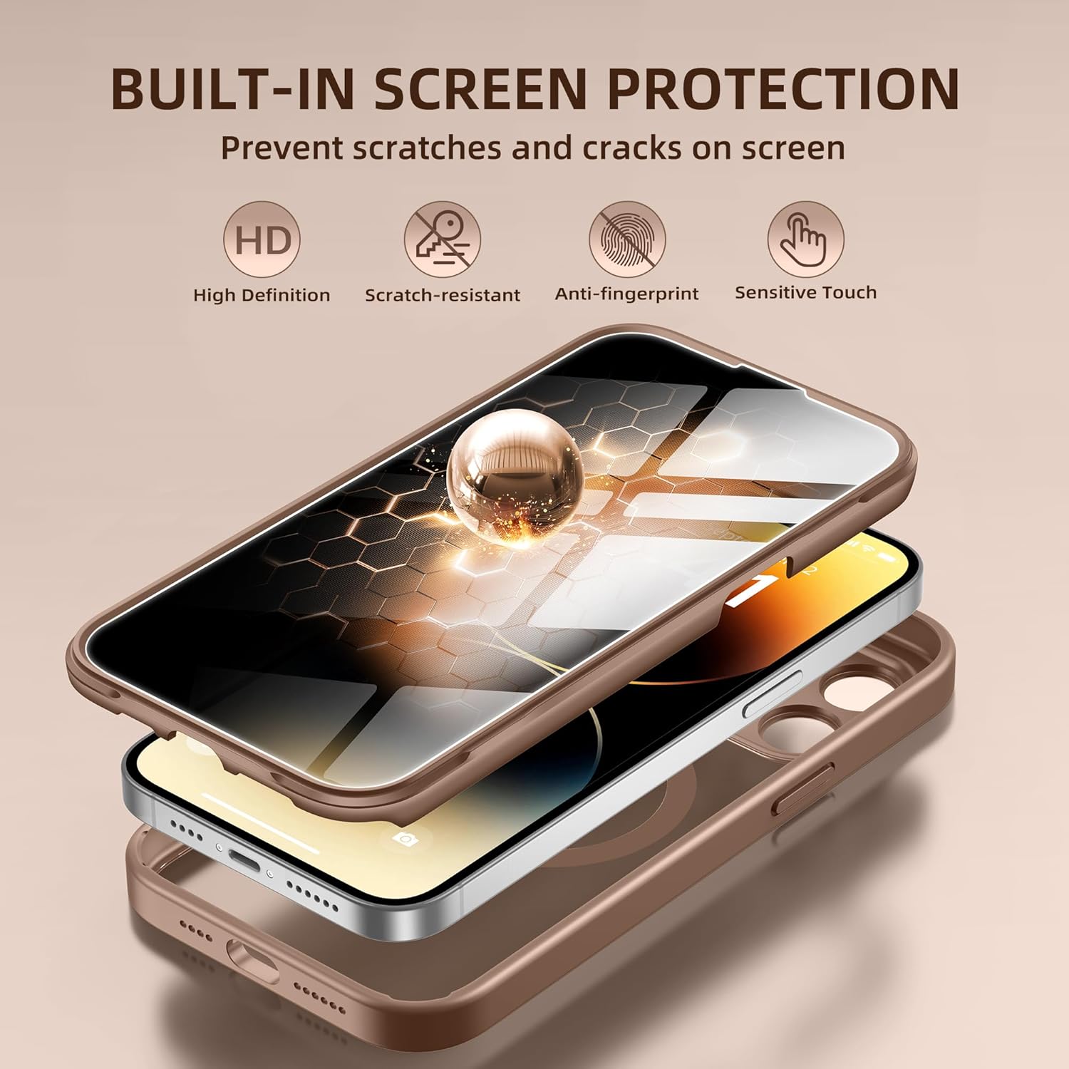BERFY Magnetic for iPhone 14 Pro Max Case, Compatible with MagSafe, Built-in Privacy Screen Protector and Upgraded Camera Protection,Anti-Spy Full Body Shockproof Phone Case for 14 Pro Max,Desert Gold