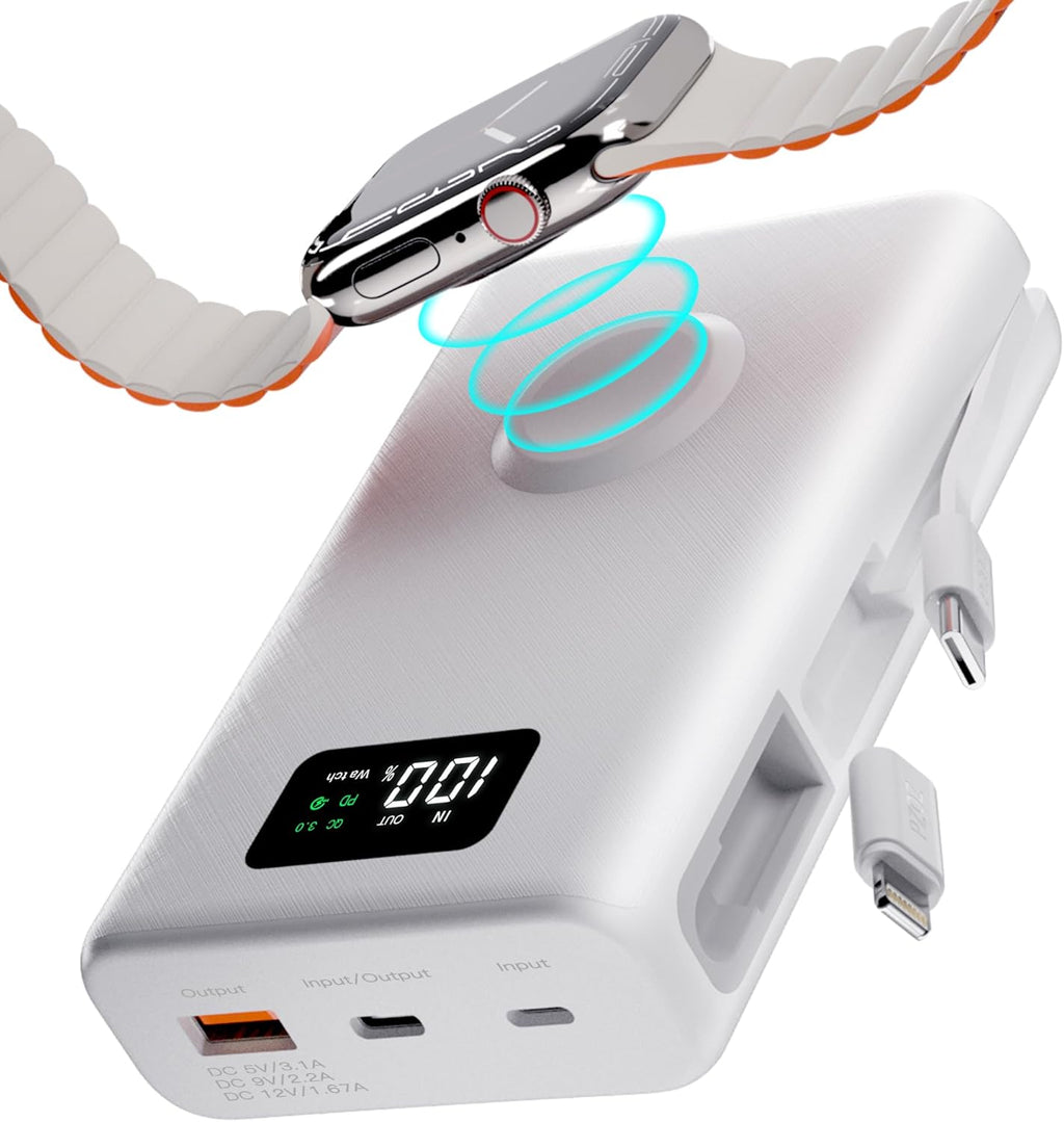 pzoz 20000mAh Portable Power Bank Powerbank Battery Pack with Apple Watch Magnetic Wireless Charger,USB Type C PD Fast Charging Cable Travel High Capacity Compatible iWatch iPhone 16 15 Phone (White)
