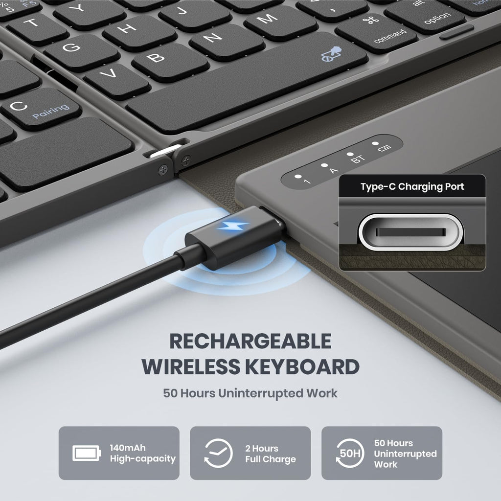 Foldable Bluetooth Keyboard with Large Touchpad, Numeric Keypad, PU Leather, Wireless Travel Keyboard for Windows, iOS, Android, Mac (Grey)