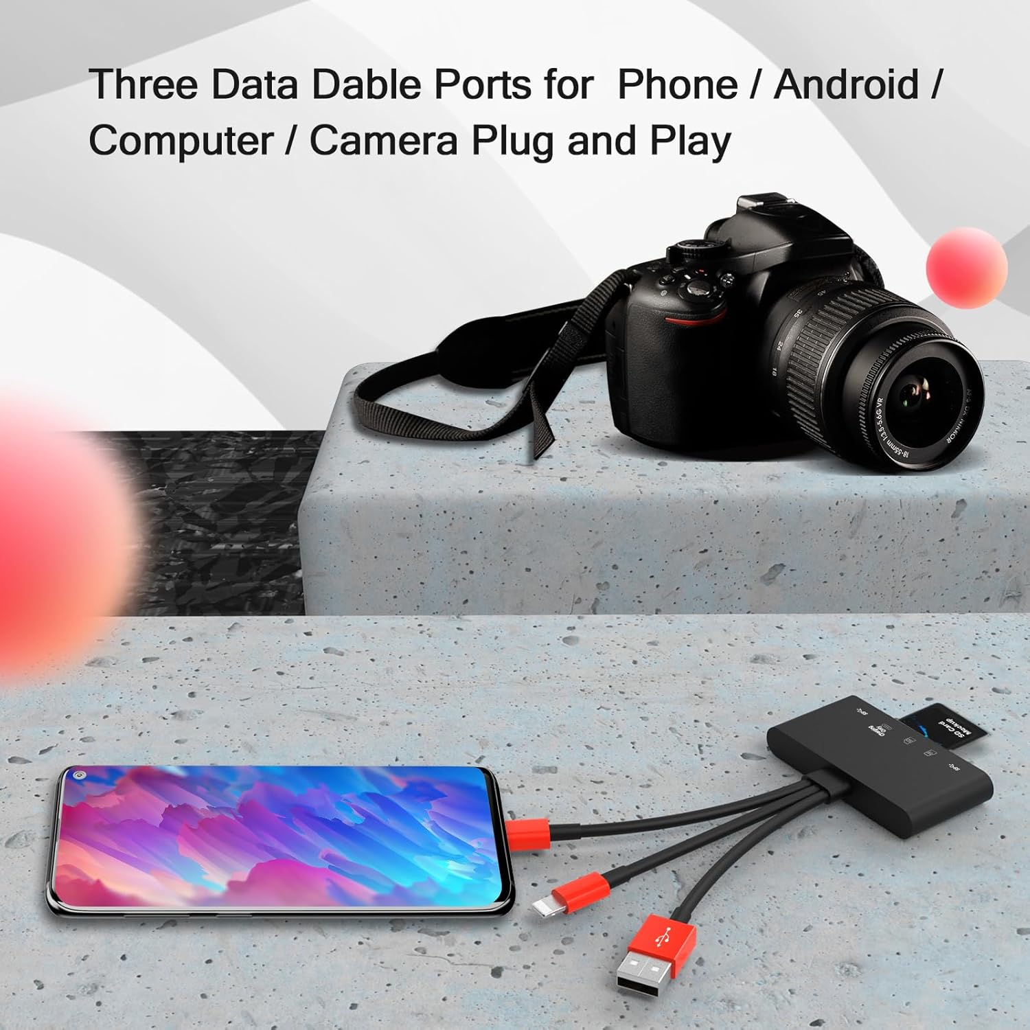 5-in-1 Memory Card Reader, USB OTG Adapter & SD Card Reader for i-Phone/i-Pad, USB C and USB A Devices with Micro SD & SD Card Slots, Supports SD/Micro SD/SDHC/SDXC/MMC(BlackRed)