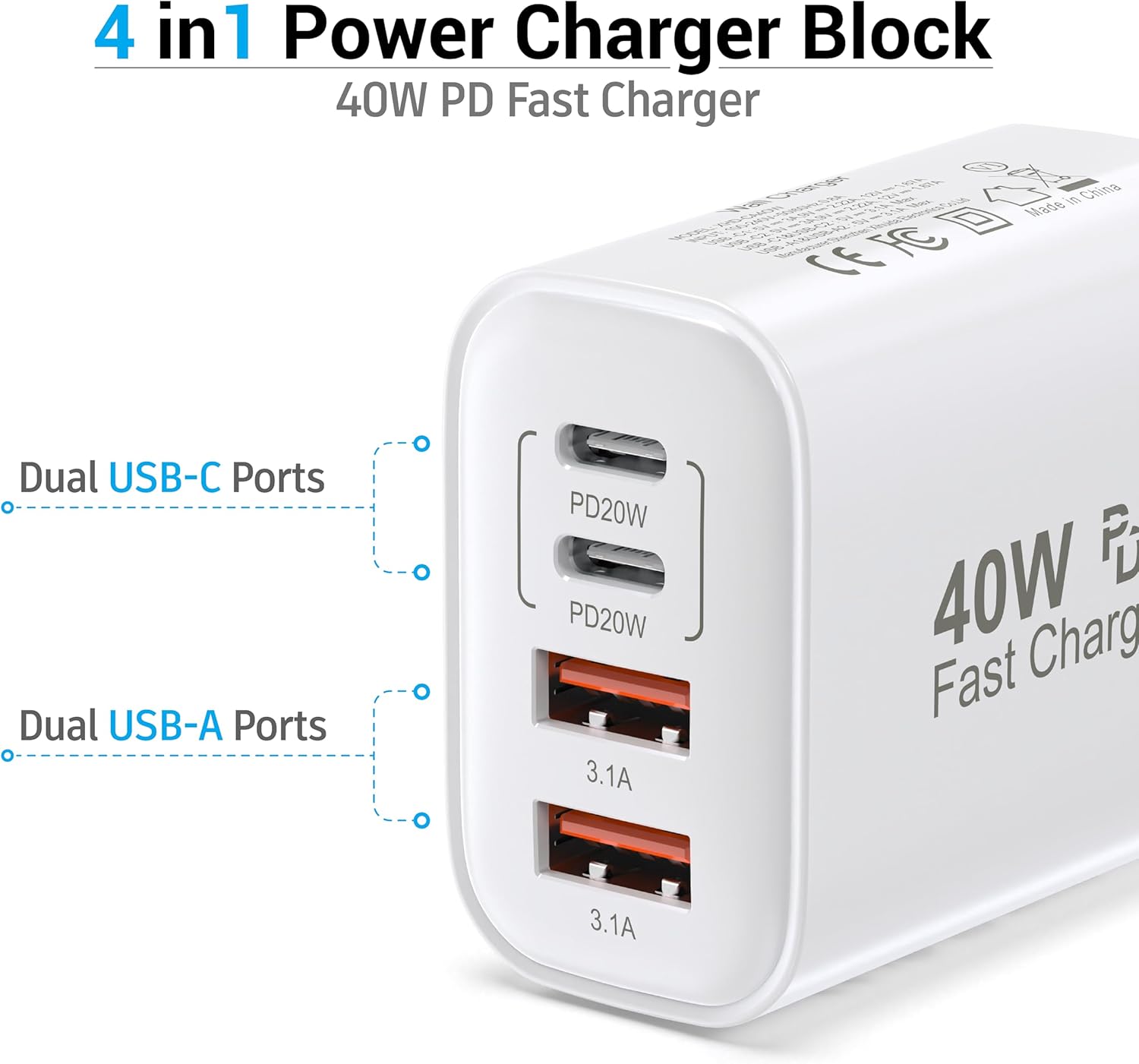 TT&C USB C Block 40W, 4 Ports Wall Plug Fast Charging Block, PD+QC Multiport Power Adapter USB C Charger Type C for iPhone 16,15,14,13,12,11, Pro Max, X, Xr, Xs, 8, Watch, Galaxy Phones (White 1Pack)