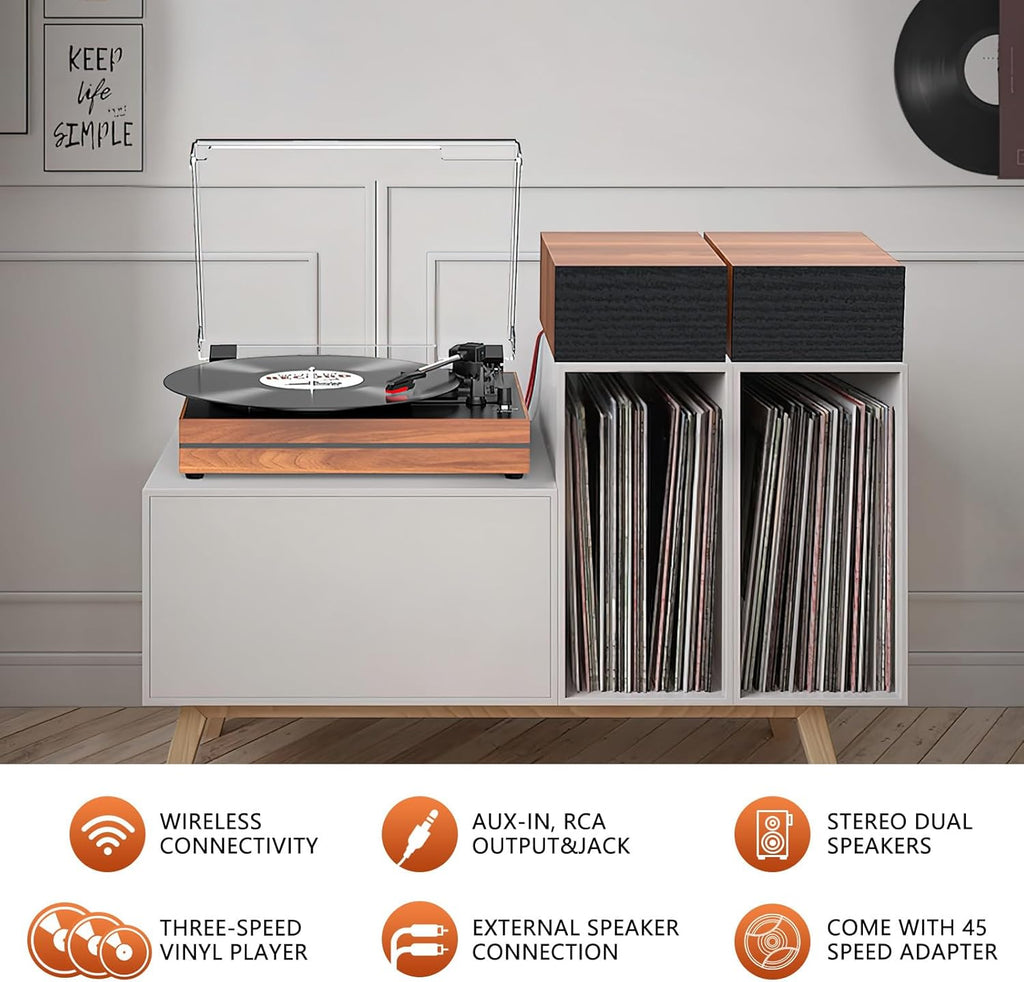 Vinyl Record Player with Speakers Vintage Turntable for Vinyls Records External Speakers Belt-Driven Turn Table Support 3-Speed Wireless Playback Headphone AUX-in LP Phonograph Audio Sound Wood Red