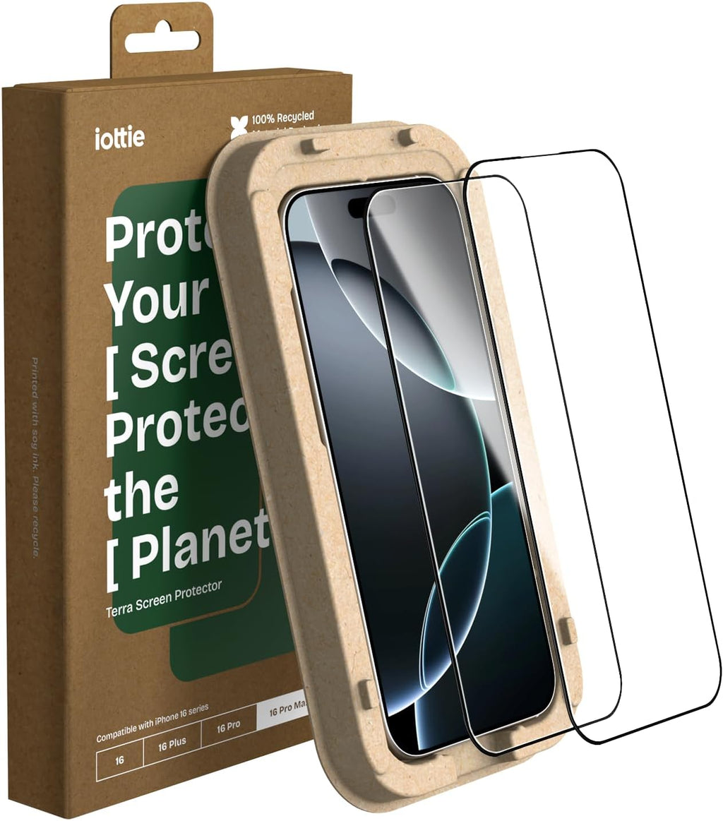 iOttie Terra iPhone 16 Pro Max Tempered Glass Screen Protector Military Grade 9H Hardness Shatterproof Scratch Resistant, Edge to Edge Protection Easy Bubble Free Install, 2 Pack