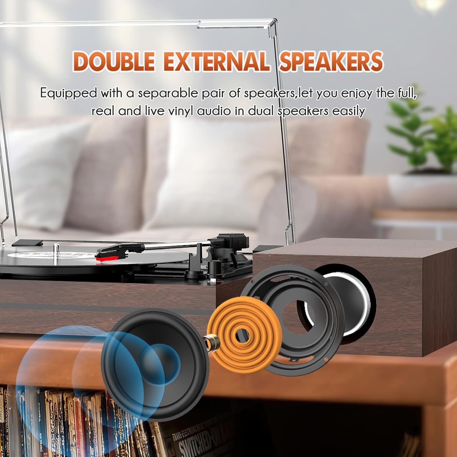 Vintage Record Player for Vinyl with Dual Separate Stereo Speakers Turntable BT Wireless Input Playback Belt Drive 3 Speed 3 Size Playback Record Player Support AUX Headphone Input RCA Out Auto Stop