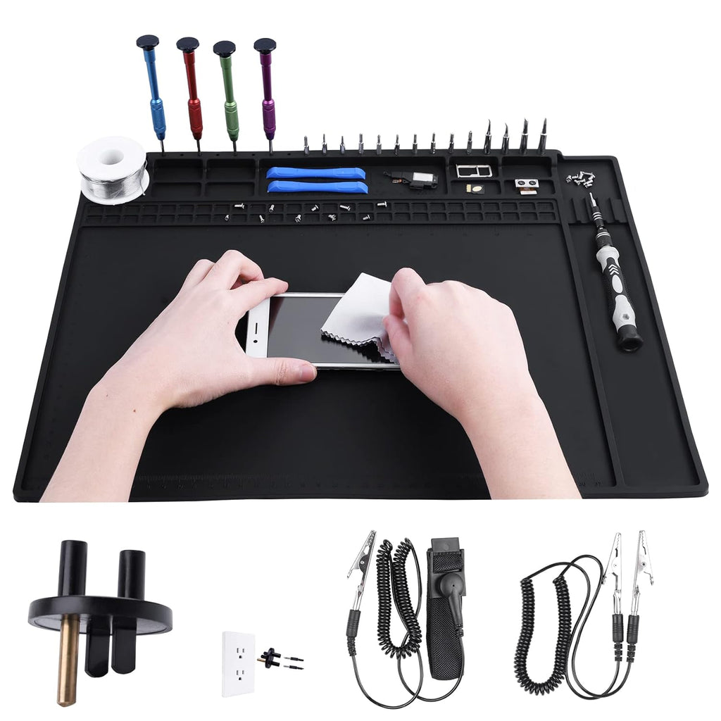 Anti Static Mat Includes ESD Wristband and Grounding Wire and Grounding Plug for Electronics Repair, Premium Heat Resistant ESD Safe Soldering Mat (17.7" x 13.6")
