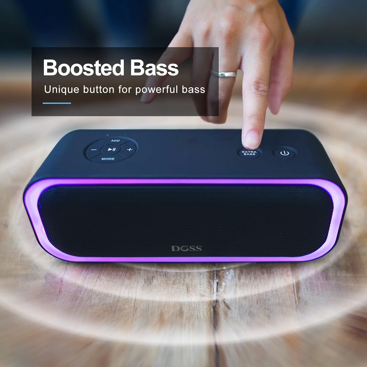 DOSS SoundBox Pro Bluetooth Speaker with 20W Stereo Sound, Active Extra Bass, IPX6 Waterproof, TWS Pairing, Multi-Colors Lights, 20H Playtime, Portable for Beach, Outdoor-Blue