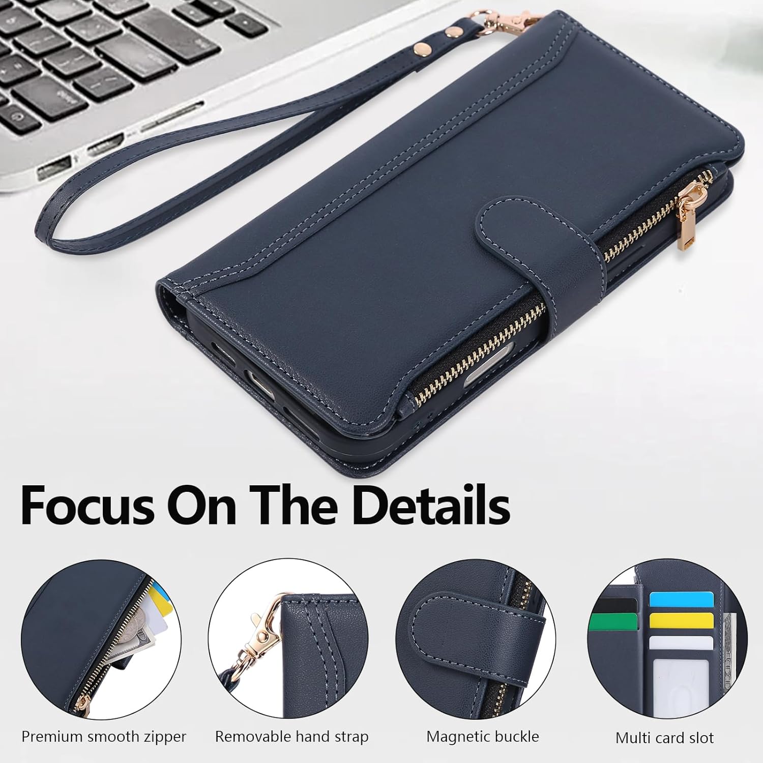 Compatible with iPhone 13 Pro Wallet Phone Case-PU Leather Magnetic Flip Cover with Credit Card Slots,Zipper Pocket & Detachable Wrist Strap,Shockproof Design,for Women and Men-Navy Blue