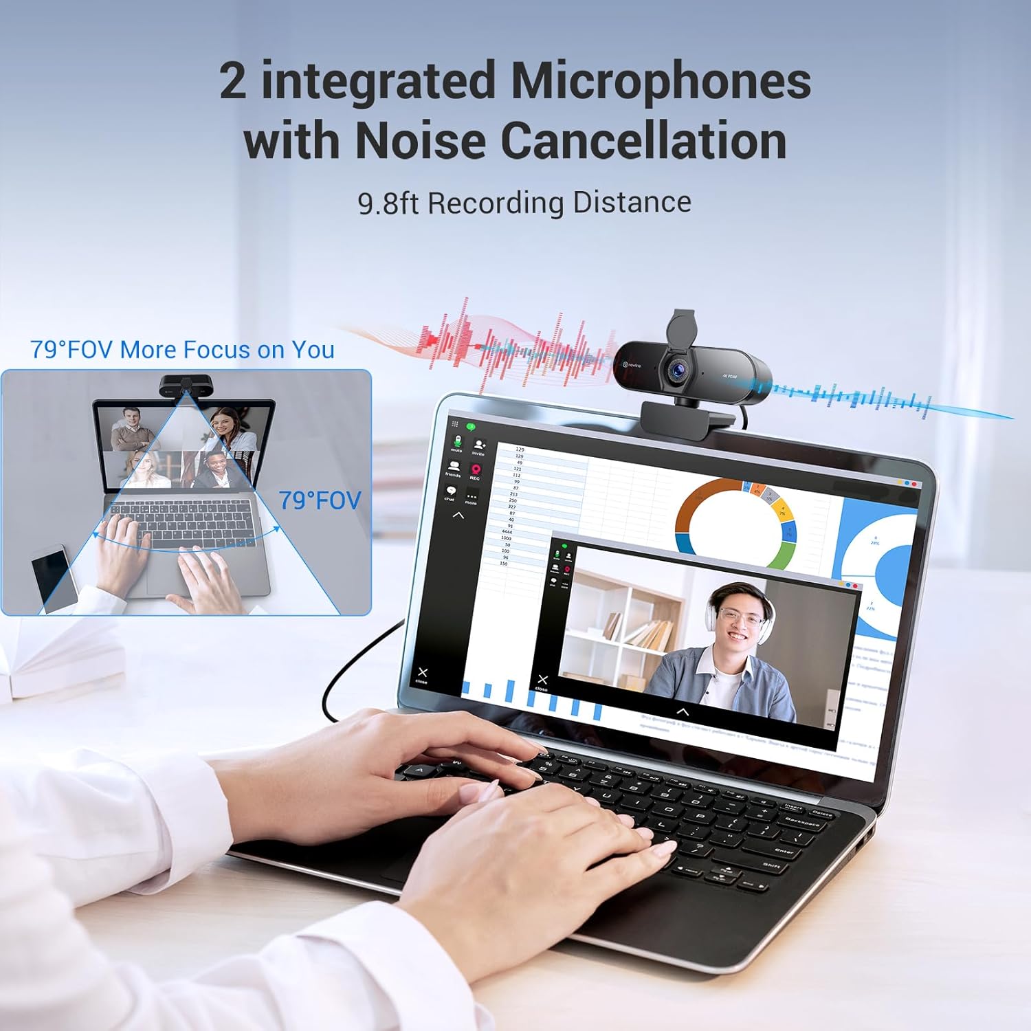 N newline 4K Webcam for PC, PDAF/CDAF Autofocus, 1080P@60FPS, 79° FOV, Auto Light Correction, 2 Noise Reduction Mics, Privacy Cover, USB-A, Streaming Camera for Skype, Teams, Online Meeting, NewEye 62