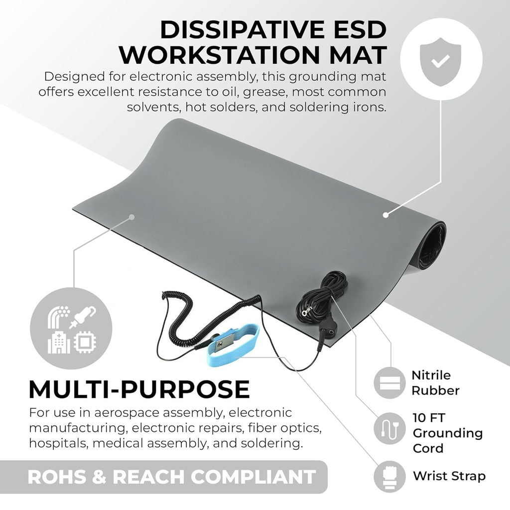 MWRF Source ESD Mat Kit with Wrist Strap and Grounding Cord (0.12" Thickness) (18 Inches x 47 Inches, Grey)
